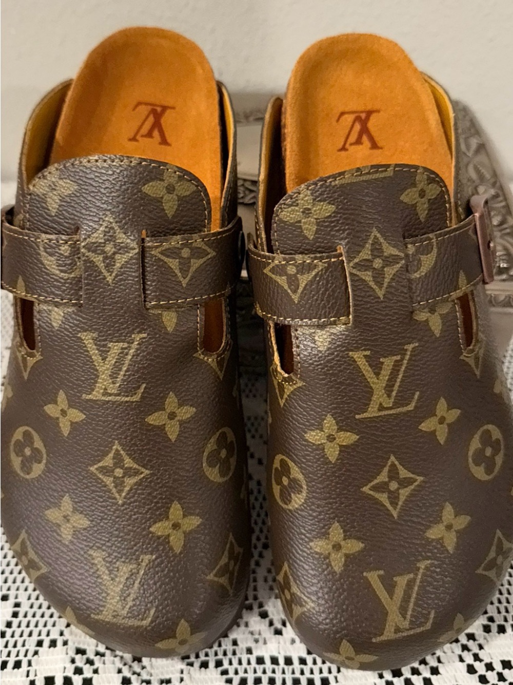 Monogram Slip-On Clogs in Brown and Gold